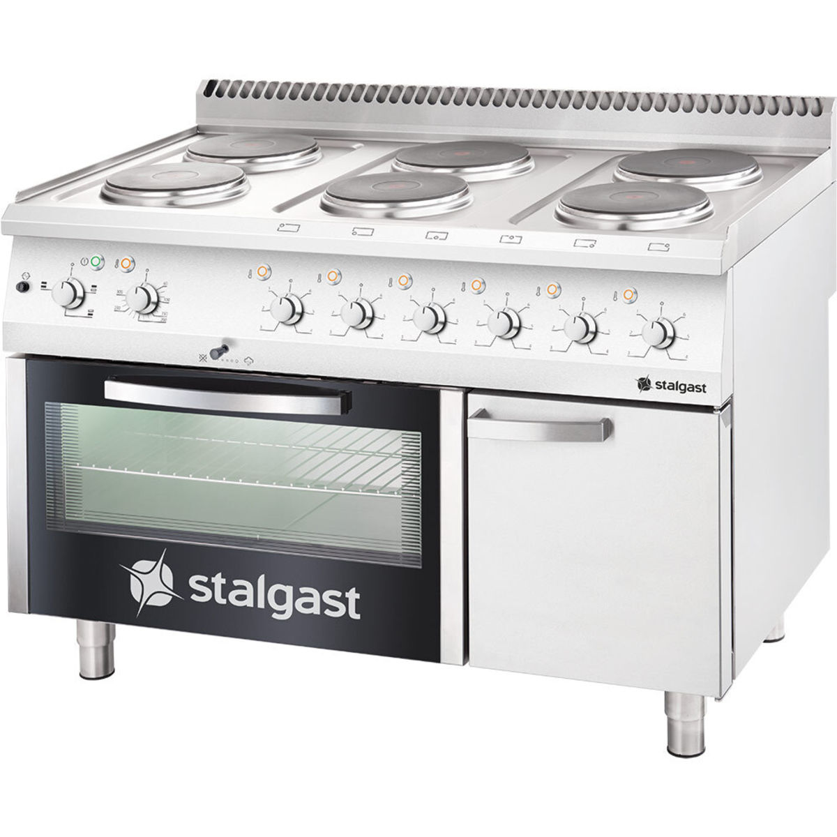 Stalgast Elektroherd mit Backofen (600 x 400 mm / GN 1/1) Serie 700 ND, 6-Platten (6x2,6) 120x70x85 cm (BxTxH); silber
