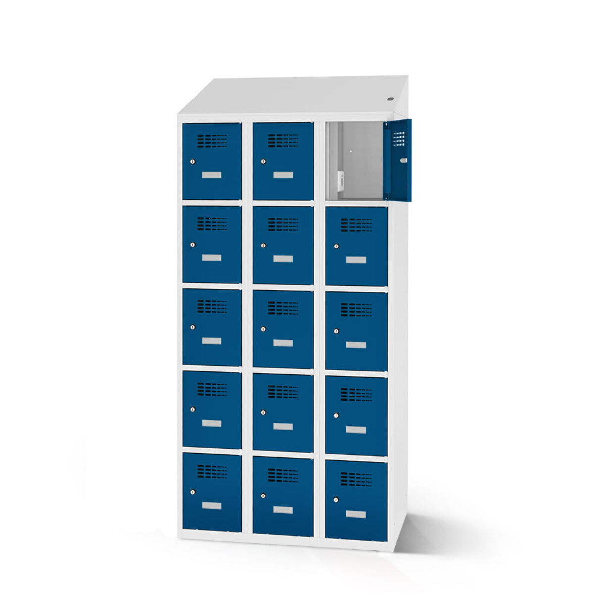 rotstahl Fächerschrank mit Ladefunktion 15 Fächer mit lichtgrauem Korpus 90x200 cm (BxH); dunkelblau