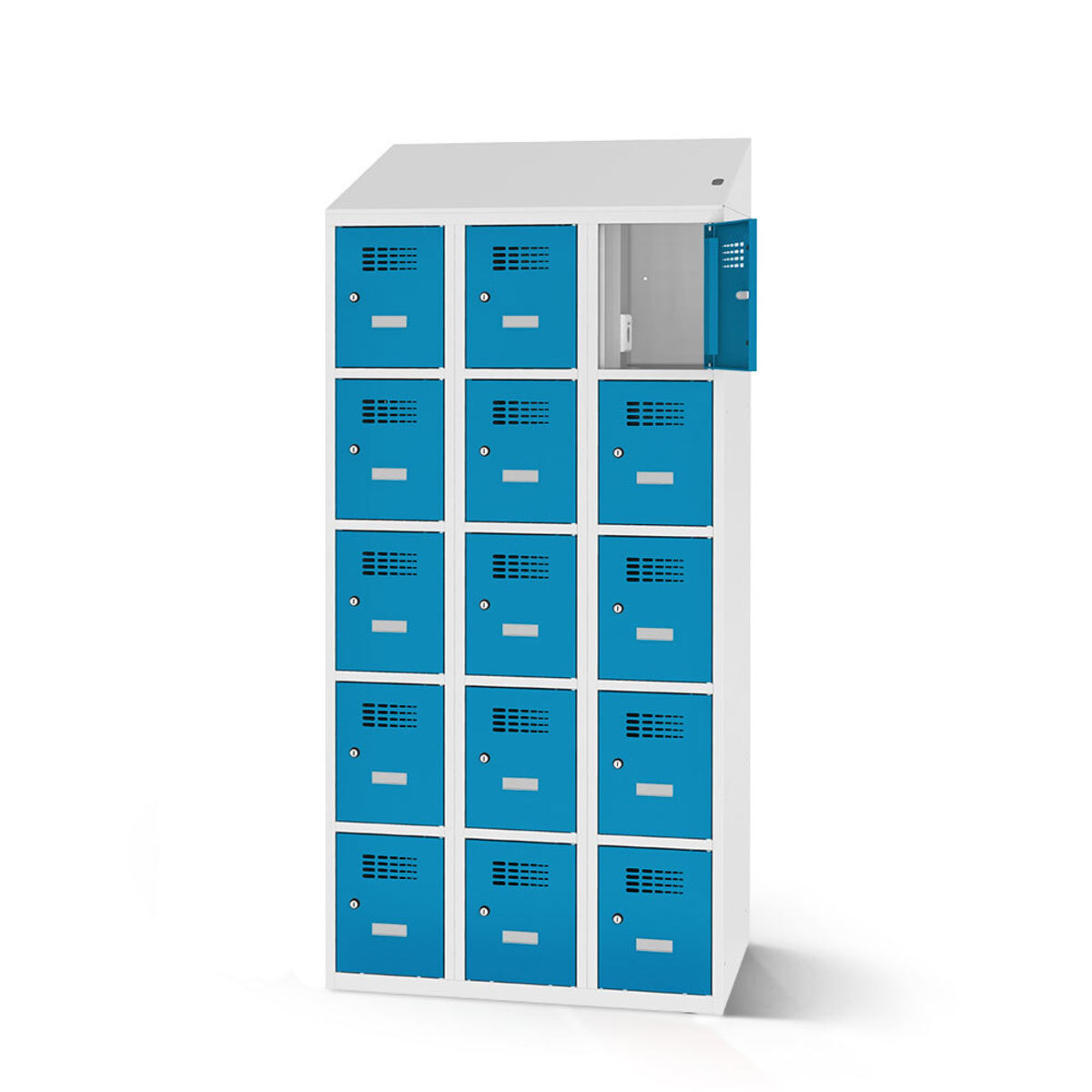 rotstahl Fächerschrank mit Ladefunktion 15 Fächer mit lichtgrauem Korpus 120x200 cm (BxH); blau