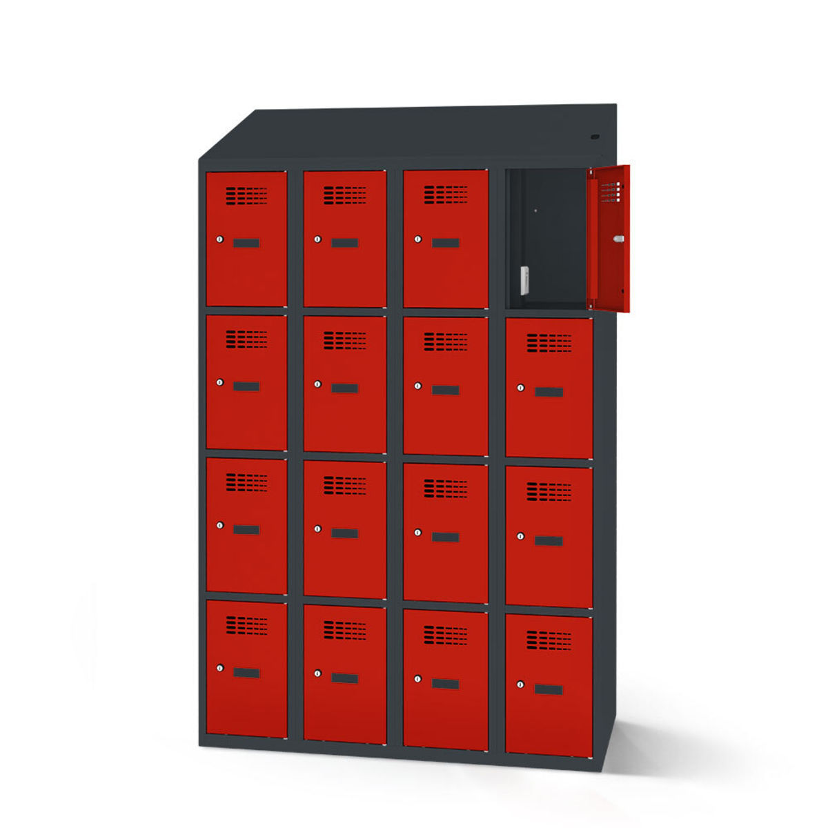 rotstahl Fächerschrank mit Ladefunktion 16 Fächer mit anthrazitgrauem Korpus 120x200 cm (BxH); rot