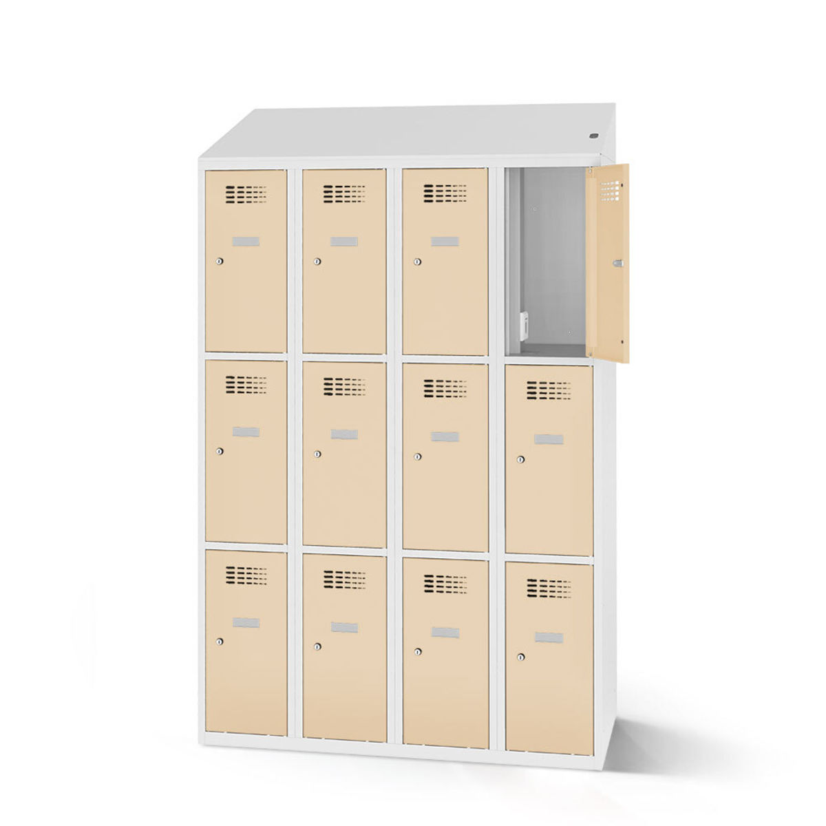 rotstahl Fächerschrank mit Ladefunktion 12 Fächer 4x3 mit lichtgrauem Korpus 120x200 cm (BxH); elfenbein