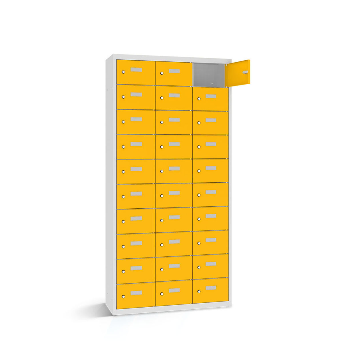 rotstahl Wertfachschrank 30 Fächer mit lichtgrauem Korpus 117.5x30x180 cm (BxTxH); gelb