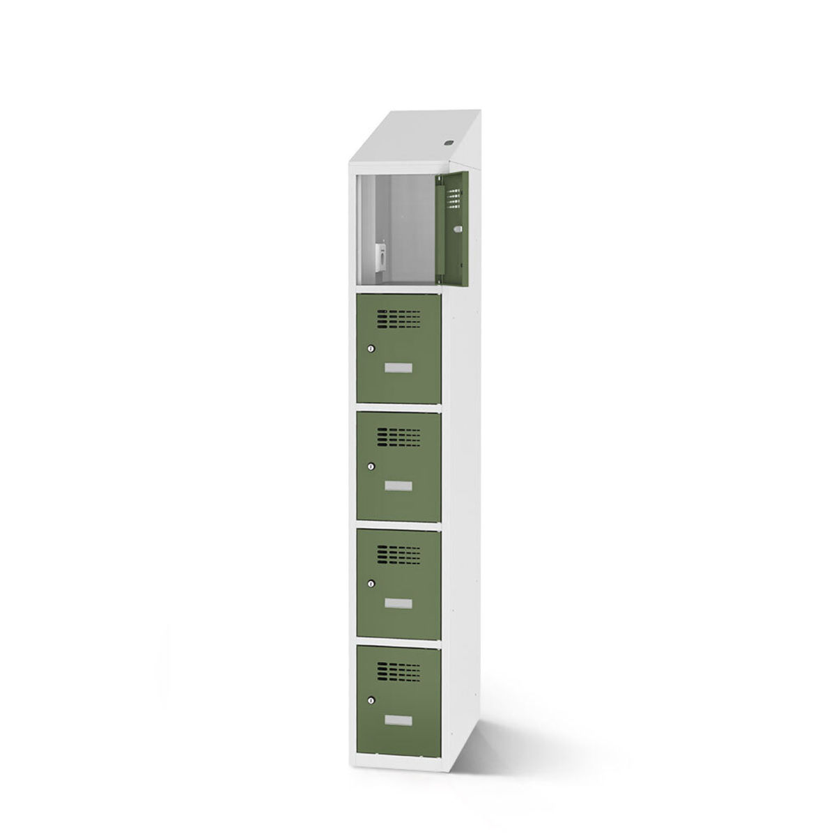 rotstahl Fächerschrank mit Ladefunktion 5 Fächer mit lichtgrauem Korpus 30x200 cm (BxH); hellgrün
