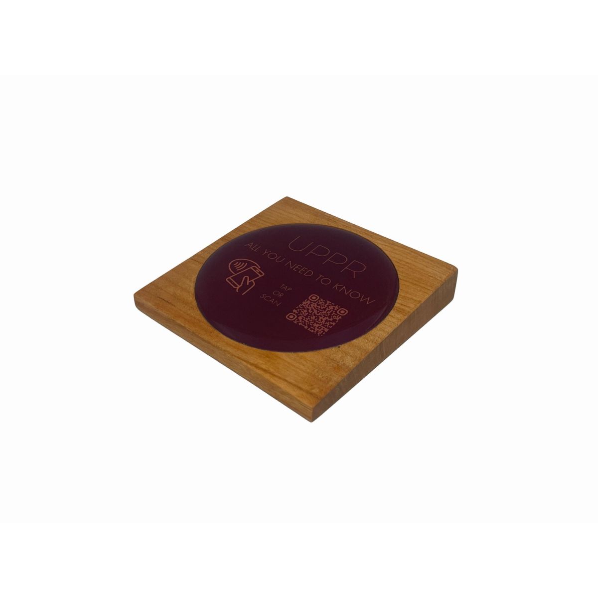 PRODUCTMATE Tischaufsteller liegend schräg mit QR-Code Aufkleber glänzend 8.5x8.5 cm (BxH); kirschbaum antik/braun antik; 25 Stück / Pack