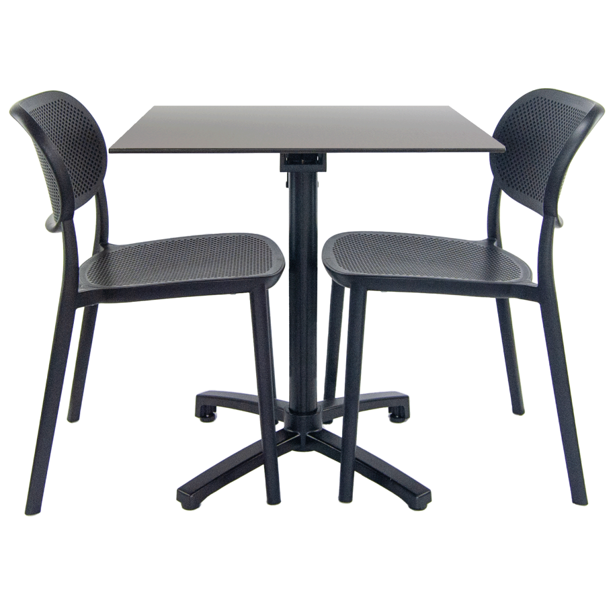 RestooTab Terrassenset Klapptisch Diabolo - 2 Stühle 70x70x73 cm (LxBxH); Platte grau/edelstahl, Gestell schwarz; quadratisch