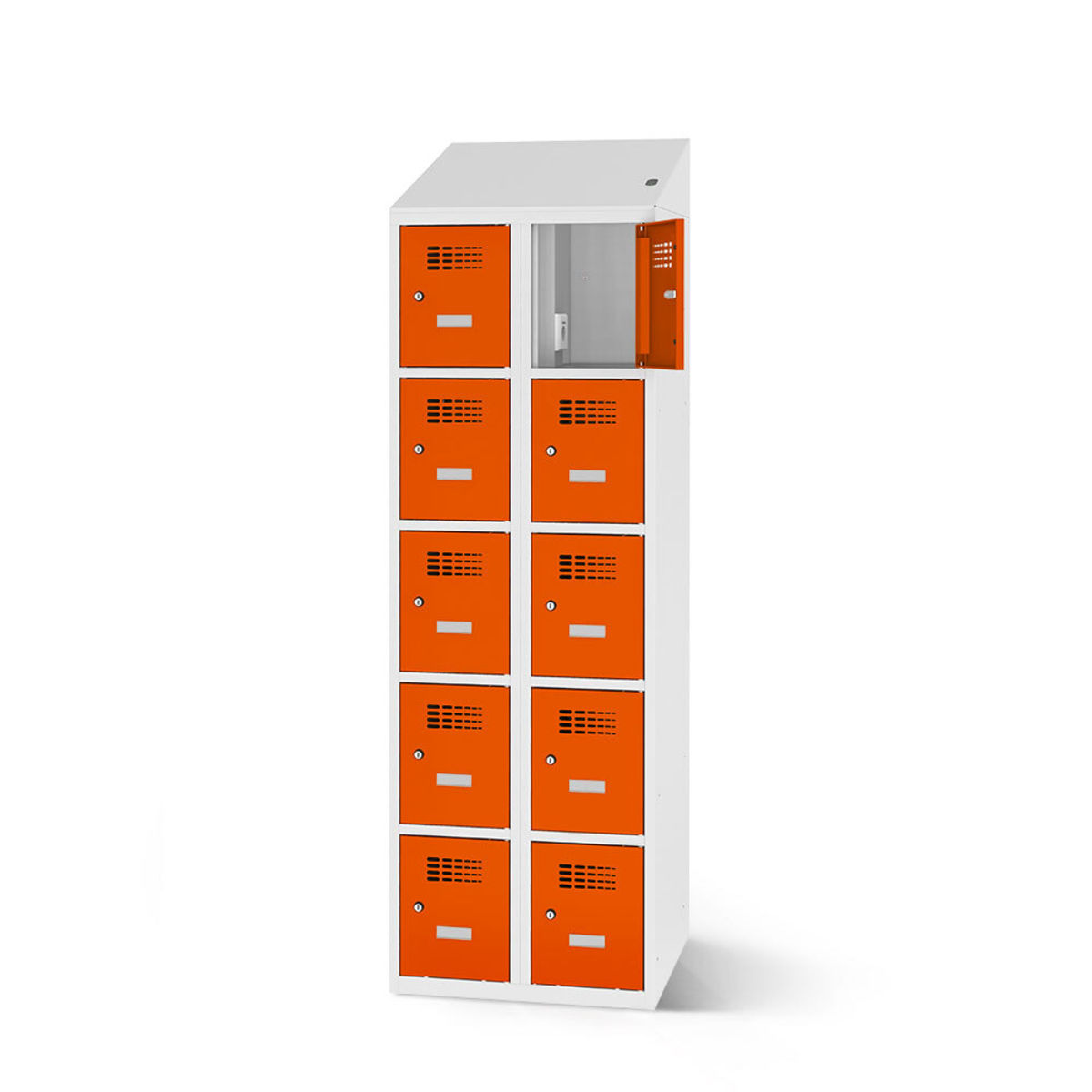 rotstahl Fächerschrank mit Ladefunktion 10 Fächer mit lichtgrauem Korpus 80x200 cm (BxH); orange