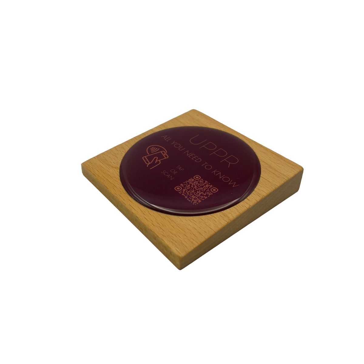 PRODUCTMATE Tischaufsteller liegend schräg mit QR-Code Aufkleber matt und NFC-Chip 11x11 cm (BxH); buche/braun; 25 Stück / Pack