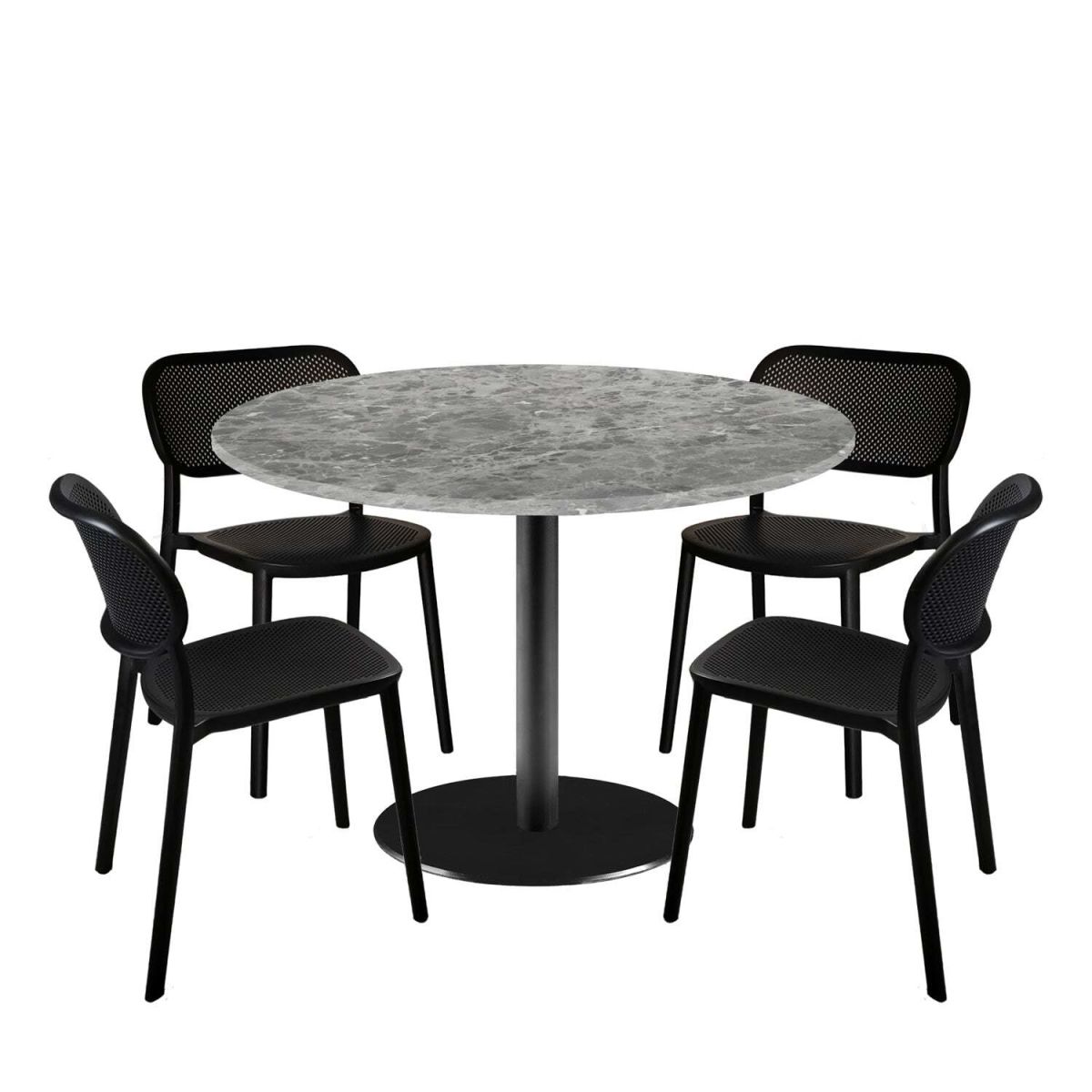 RestooTab Esstisch-Set Rome XL mit 4 Stühlen - Dekor Stein 120x120x75x120 cm (LxBxHxØ); steingrau/marmoriert; Gestell schwarz; rund