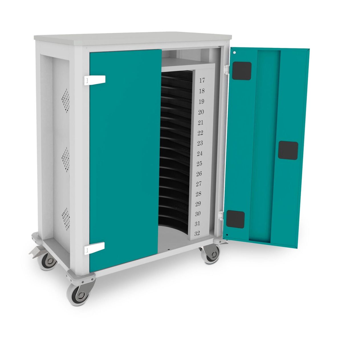 rotstahl Tabletwagen Power für 32 Tablets mit lichtgrauem Korpus 73x44x105 cm (BxTxH); türkis