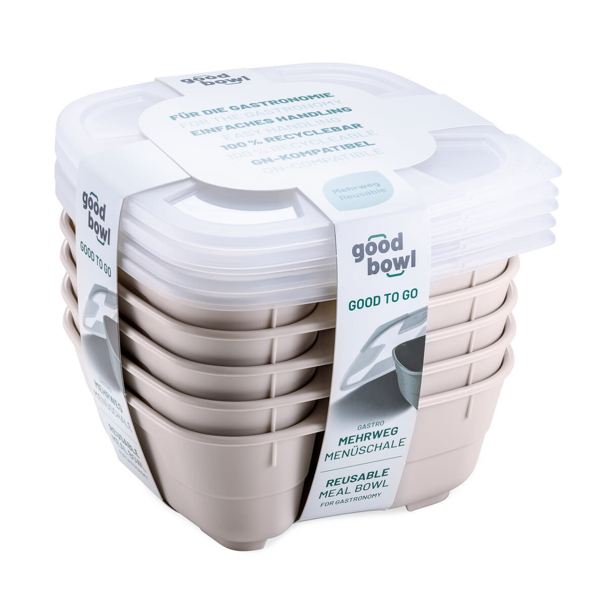 thermohauser Mehrweg-Menübehälter GoodBowl Twin, 5er Set 1000 ml, 18.5x18.5x7.6x7.6 cm (LxBxØxH); sand; quadratisch; 5 Stück / Pack