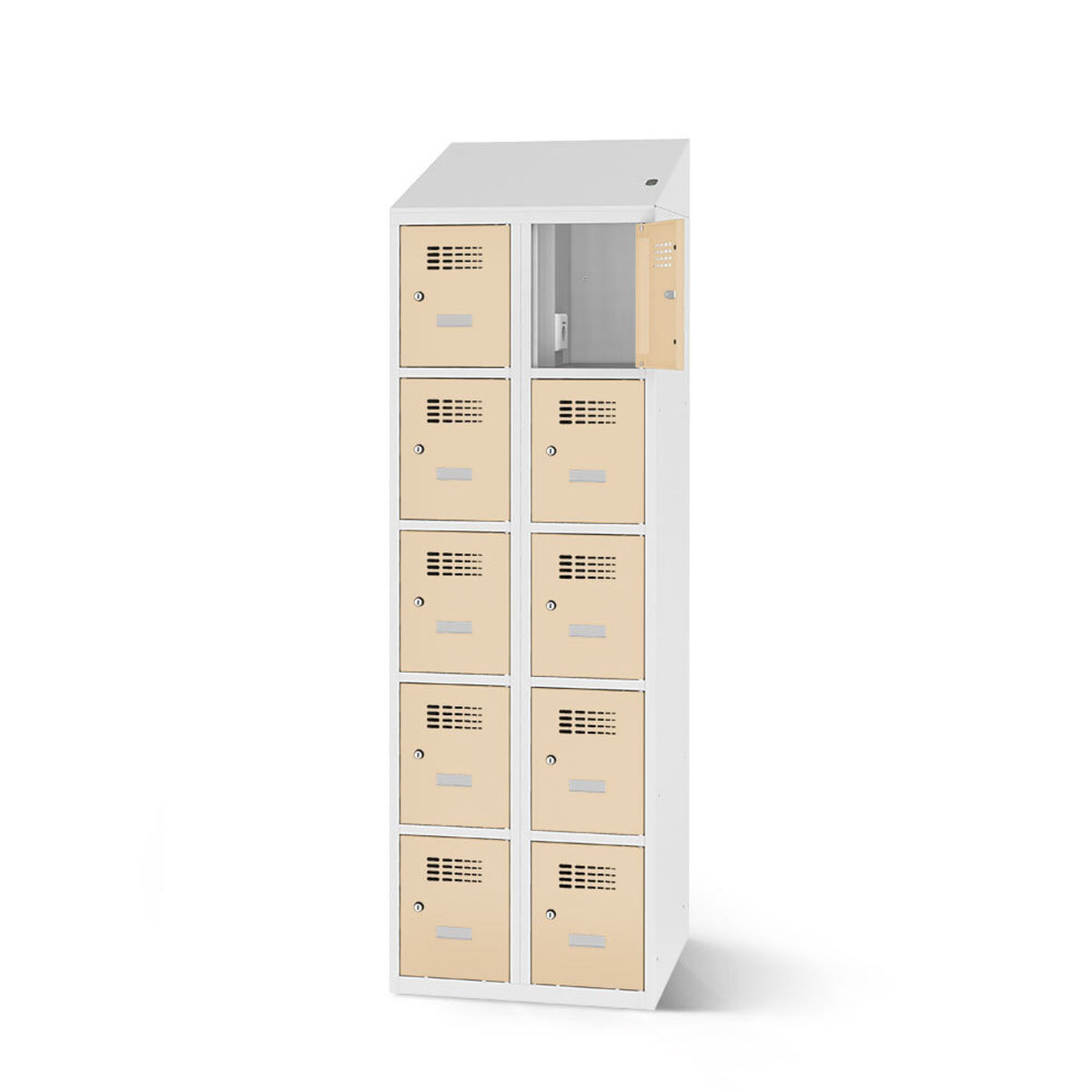 rotstahl Fächerschrank mit Ladefunktion 10 Fächer mit lichtgrauem Korpus 60x200 cm (BxH); elfenbein