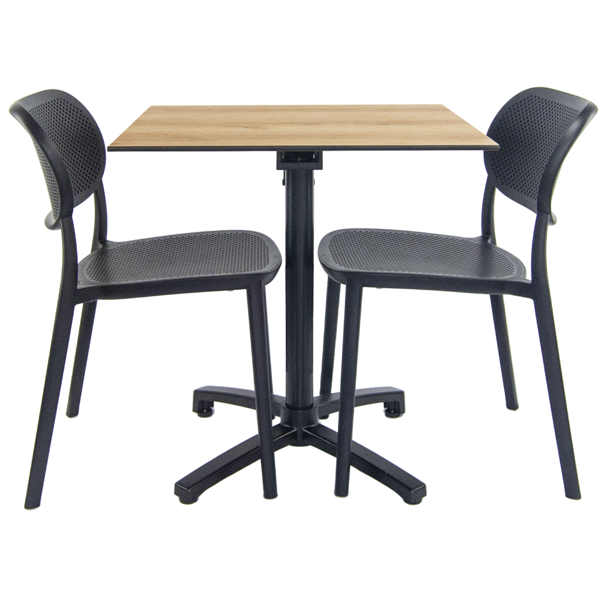 RestooTab Terrassenset Klapptisch Diabolo - 2 Stühle 70x70x73 cm (LxBxH); Platte eiche/natur, Gestell schwarz; quadratisch