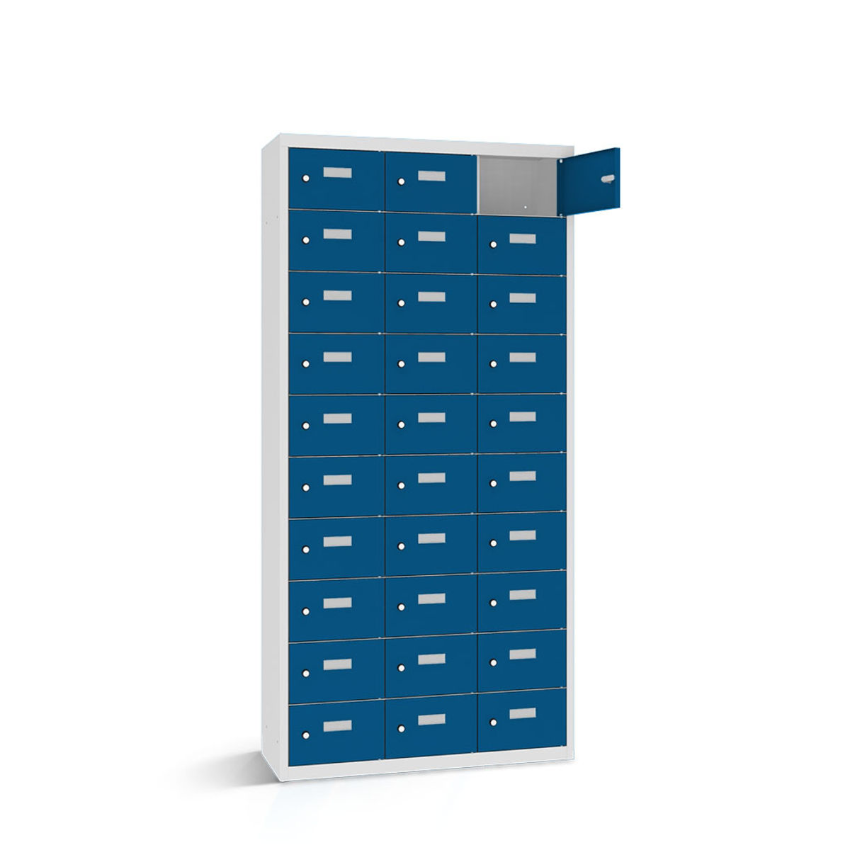 rotstahl Wertfachschrank 30 Fächer mit lichtgrauem Korpus 117.5x30x180 cm (BxTxH); dunkelblau