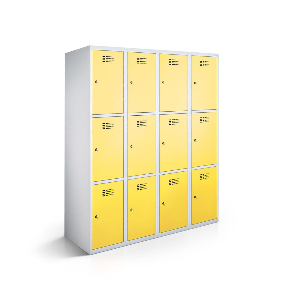rotstahl Fächerschrank 12 Fächer 4x3 mit lichtgrauem Korpus 120x50x180 cm (BxTxH); gelb