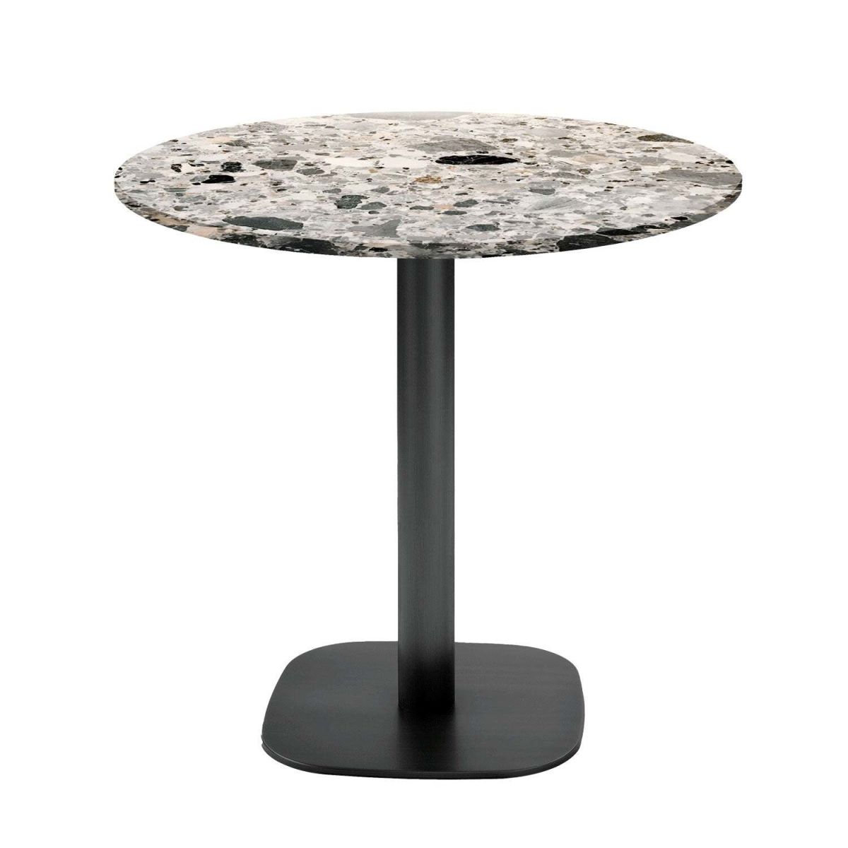 RestooTab Tisch Round rund - Dekor Stein & Holz 75x70 cm (HxØ); Platte grau/terrazzo, Gestell schwarz; rund