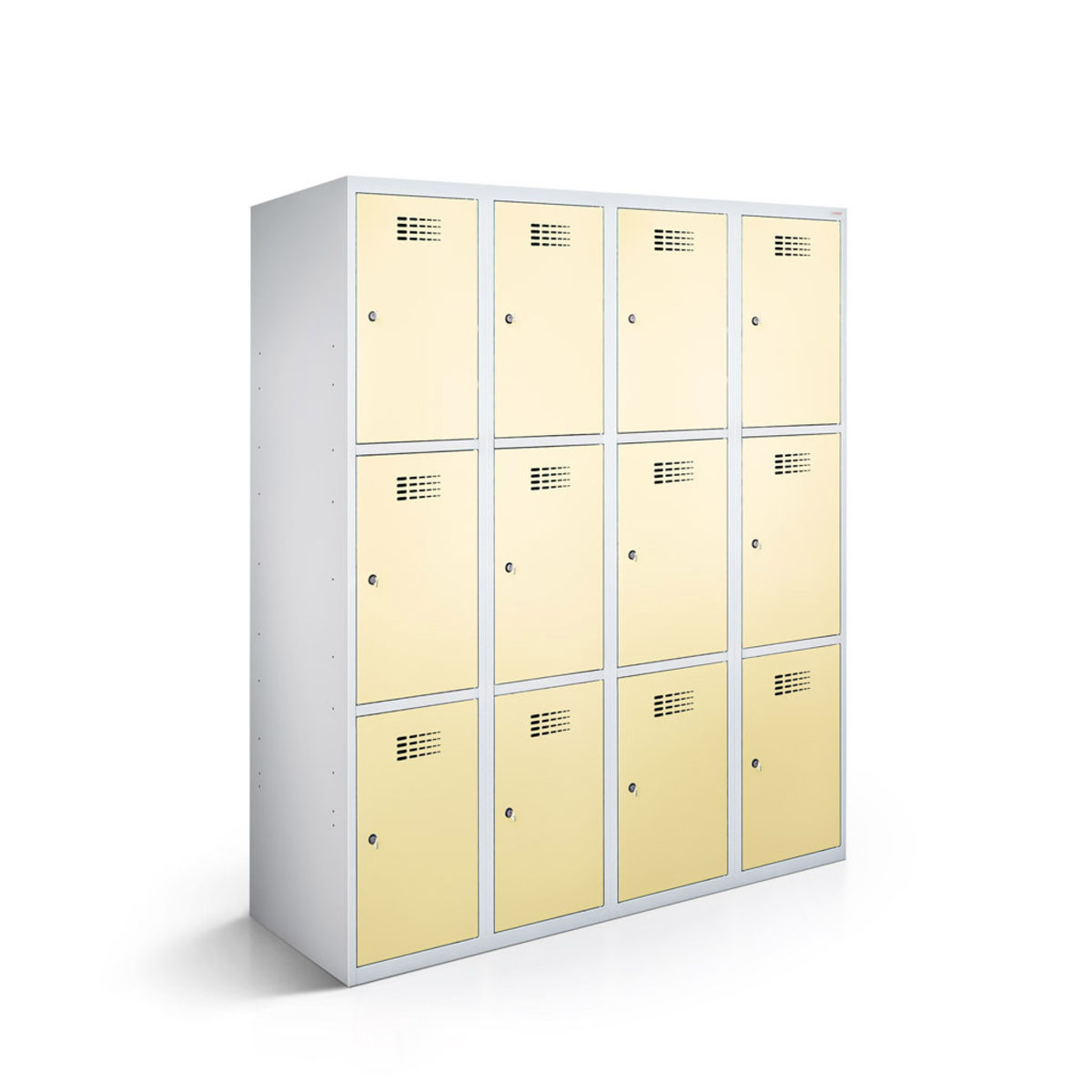 rotstahl Fächerschrank 12 Fächer 4x3 mit lichtgrauem Korpus 120x50x180 cm (BxTxH); elfenbein