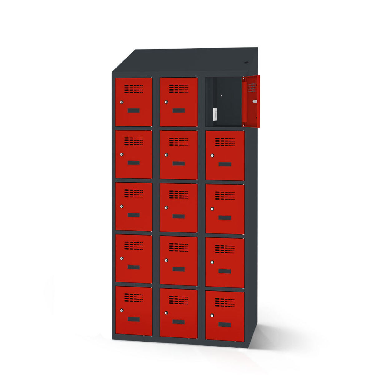 rotstahl Fächerschrank mit Ladefunktion 15 Fächer mit anthrazitgrauem Korpus 90x200 cm (BxH); rot