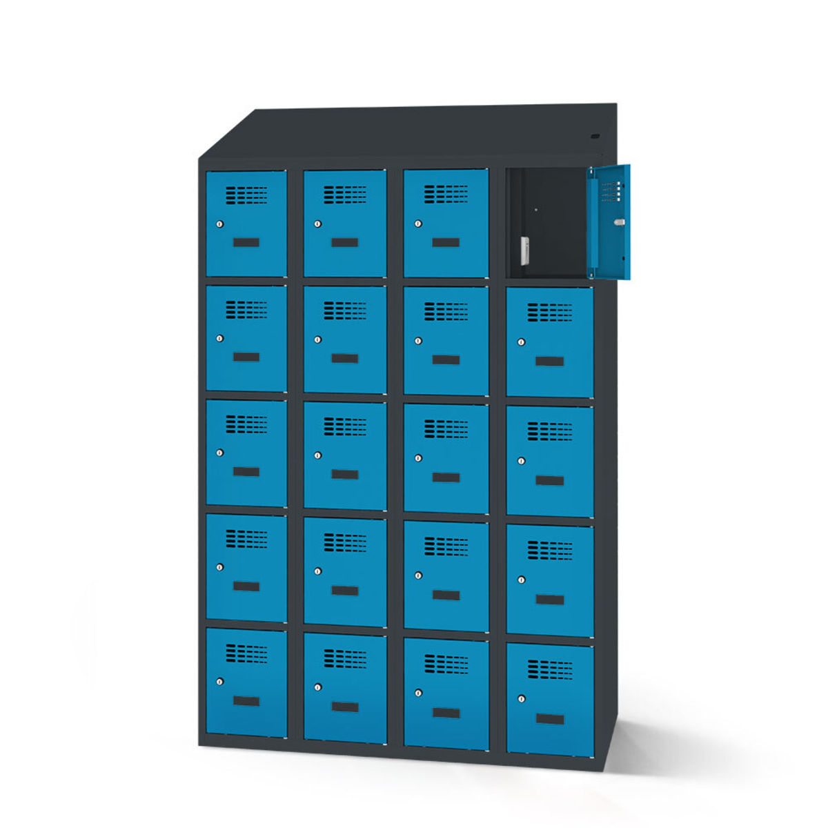 rotstahl Fächerschrank mit Ladefunktion 20 Fächer mit anthrazitgrauem Korpus 120x200 cm (BxH); blau
