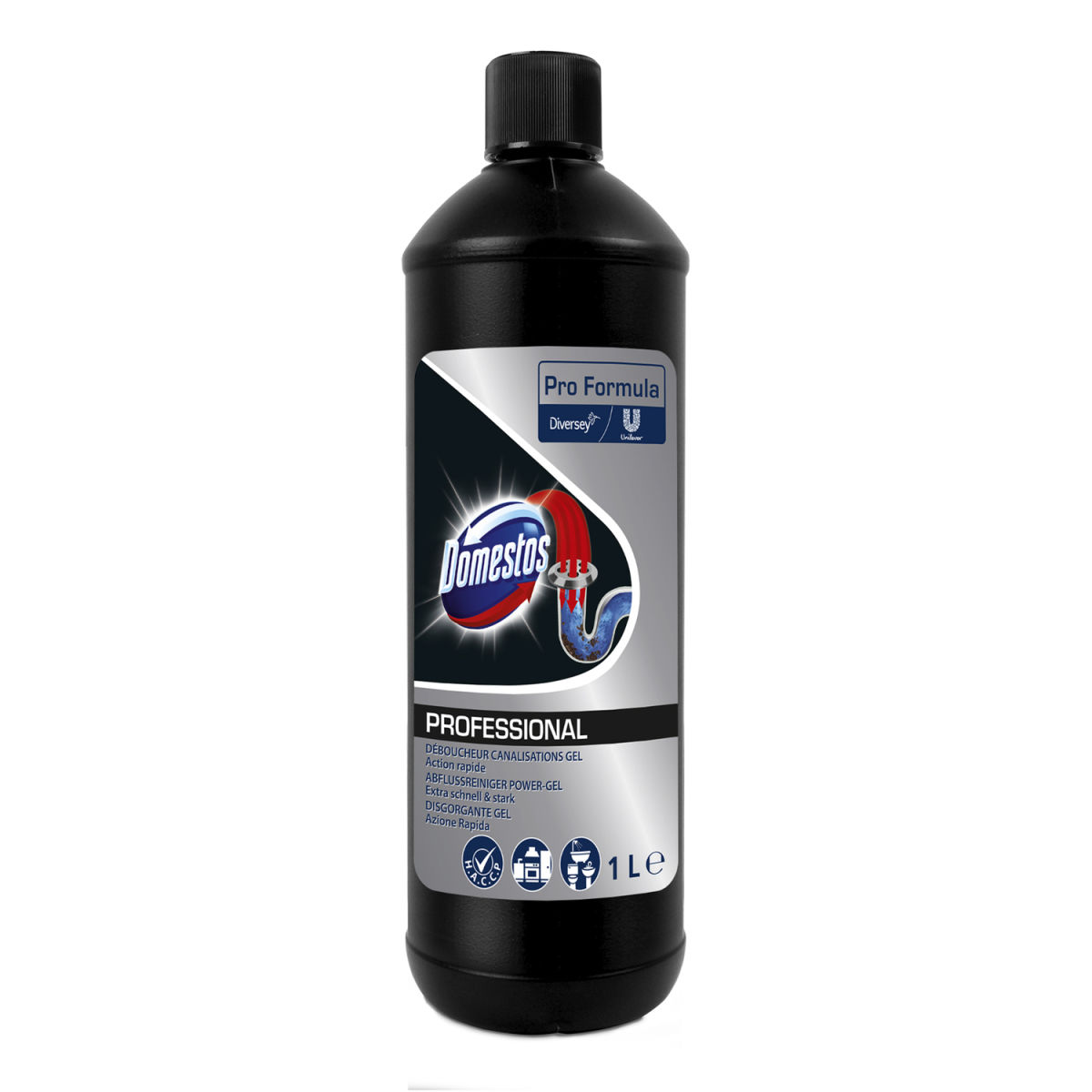 Diversey DOMESTOS Professional Abflussreiniger Power-Gel, Abflussreiniger, löst hartnäckigen Schmutz in Abflüssen 1 l; transparent; 6 Stück / Pack