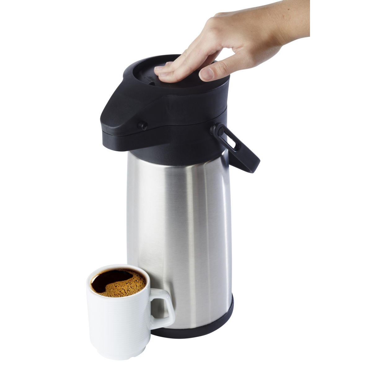 APS Thermoskan BUDGET met pompfunctie ; 2200 ml, 13.5x32.5 cm (&Oslash;xH); zwart/zilver; rond