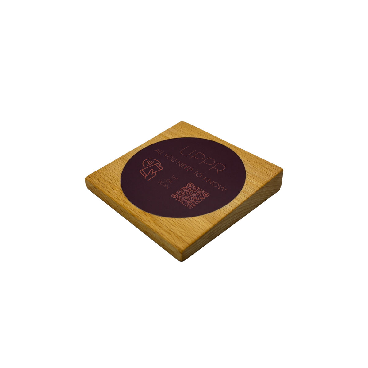 PRODUCTMATE Tischaufsteller liegend schräg mit QR-Code Aufkleber glänzend und NFC-Chip 8.5x8.5 cm (BxH); buche/braun; 25 Stück / Pack