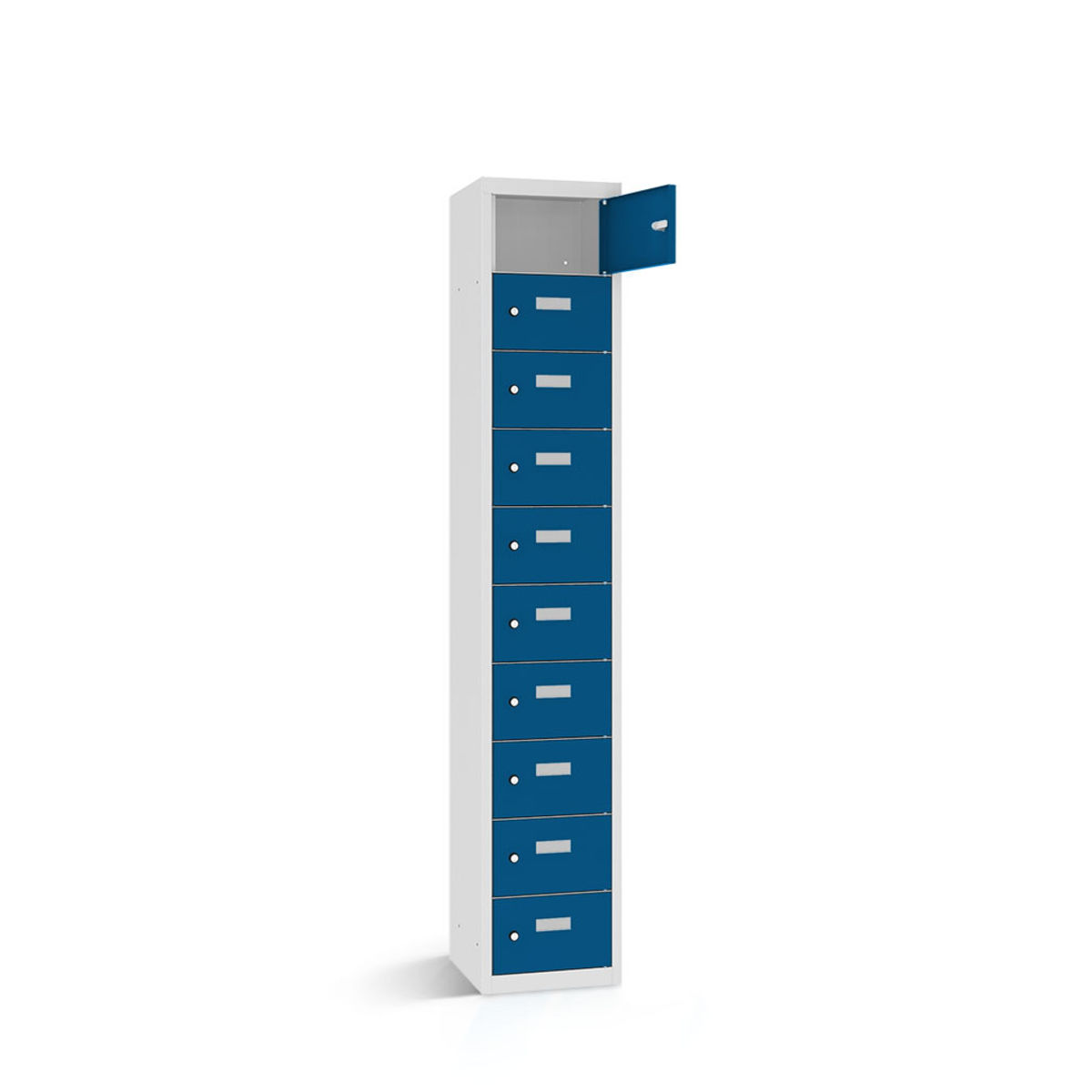 rotstahl Wertfachschrank 10 Fächer mit lichtgrauem Korpus 32.5x30x180 cm (BxTxH); dunkelblau