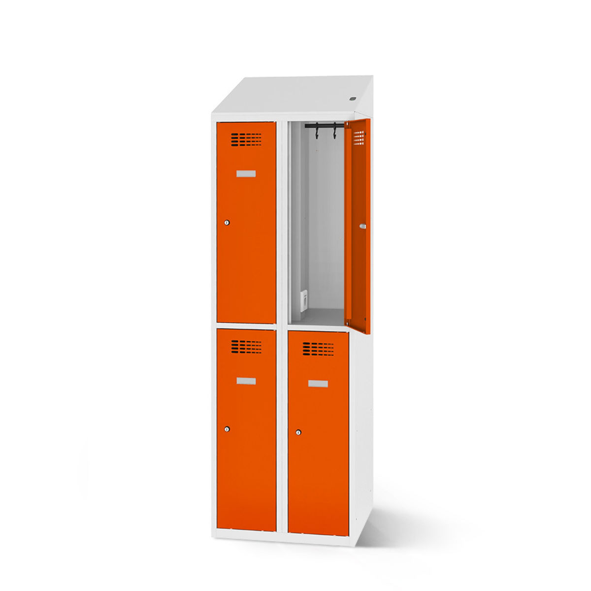 rotstahl Garderobenspind mit Ladefunktion 4 Türen mit lichtgrauem Korpus 60x200 cm (BxH); orange