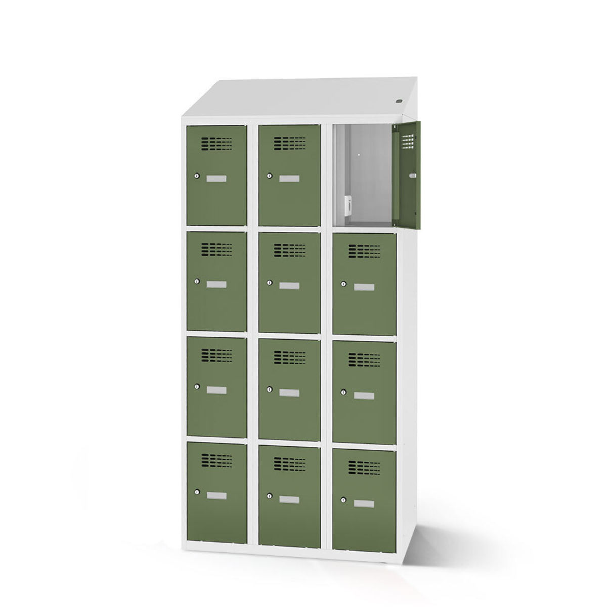 rotstahl Fächerschrank mit Ladefunktion 12 Fächer 3x4 mit lichtgrauem Korpus 90x200 cm (BxH); hellgrün