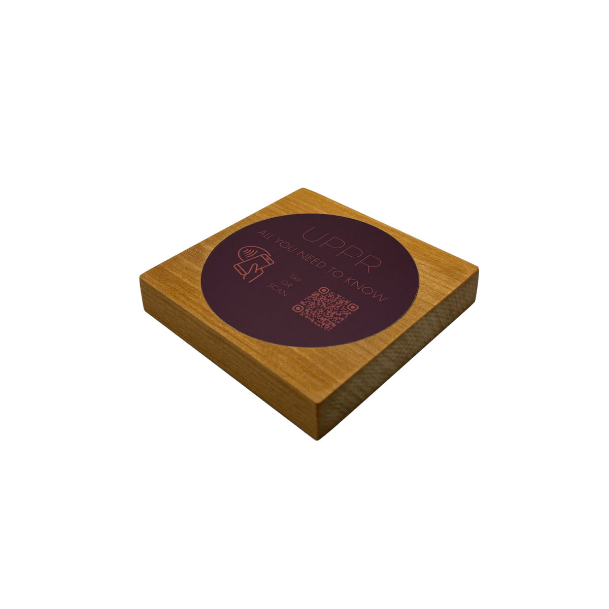 PRODUCTMATE Tischaufsteller liegend schräg mit QR-Code Aufkleber glänzend und NFC-Chip 8.5x8.5 cm (BxH); kirschbaum antik/braun antik; 25 Stück / Pack