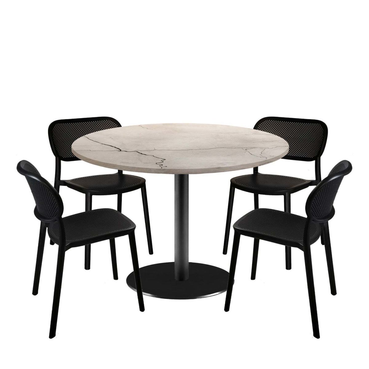 RestooTab Esstisch-Set Rome XL mit 4 Stühlen - Dekor Stein 120x120x75x120 cm (LxBxHxØ); wollweiß/marmoriert; Gestell schwarz; rund