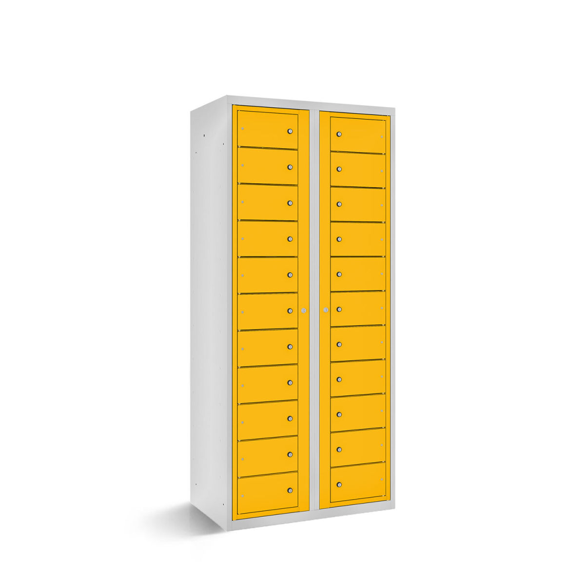 rotstahl Fächerschrank mit Zentraltüren 22 Fächer mit lichtgrauem Korpus 80x50x180 cm (BxTxH); gelb