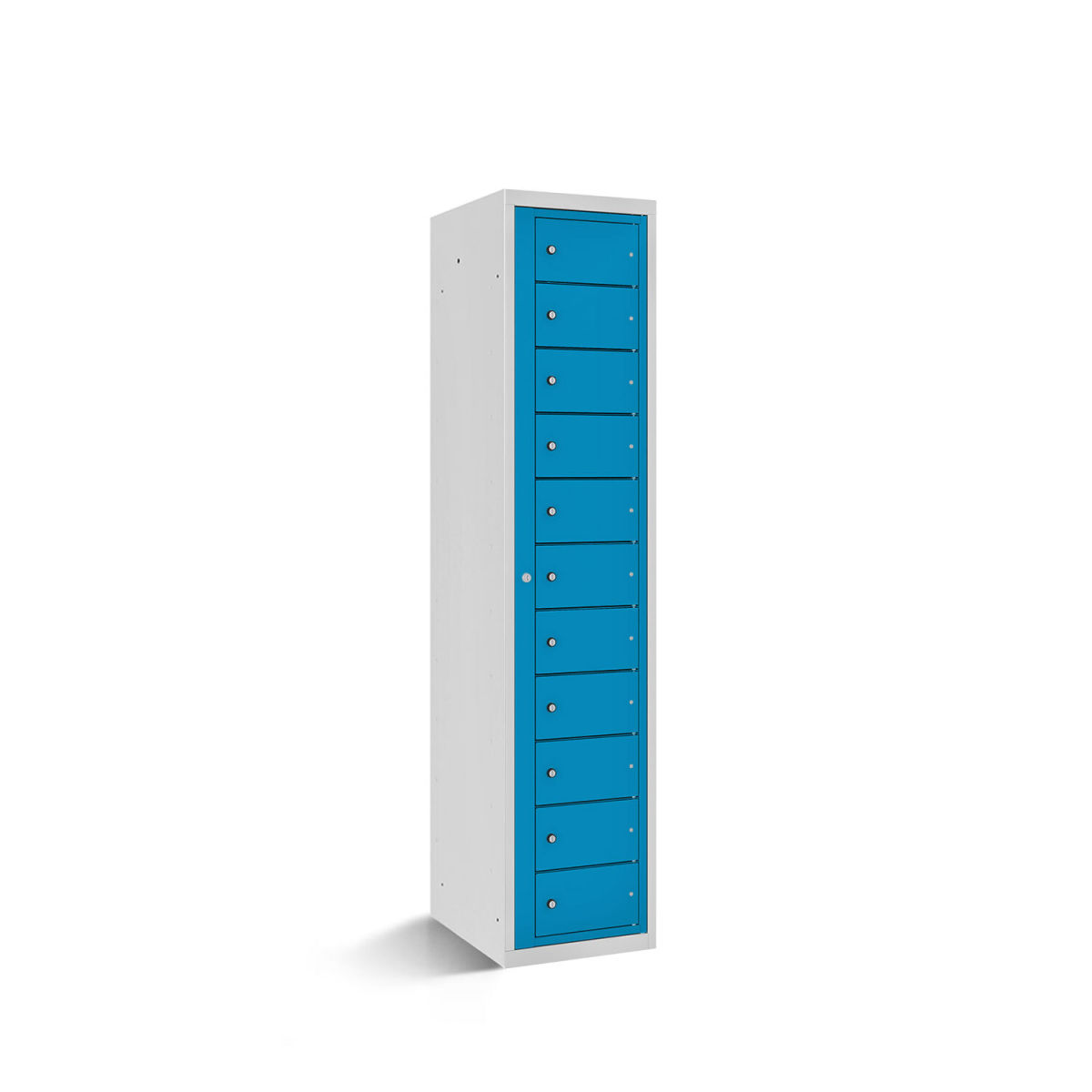 rotstahl Fächerschrank mit Zentraltür 11 Fächer mit lichtgrauem Korpus 40x50x180 cm (BxTxH); blau