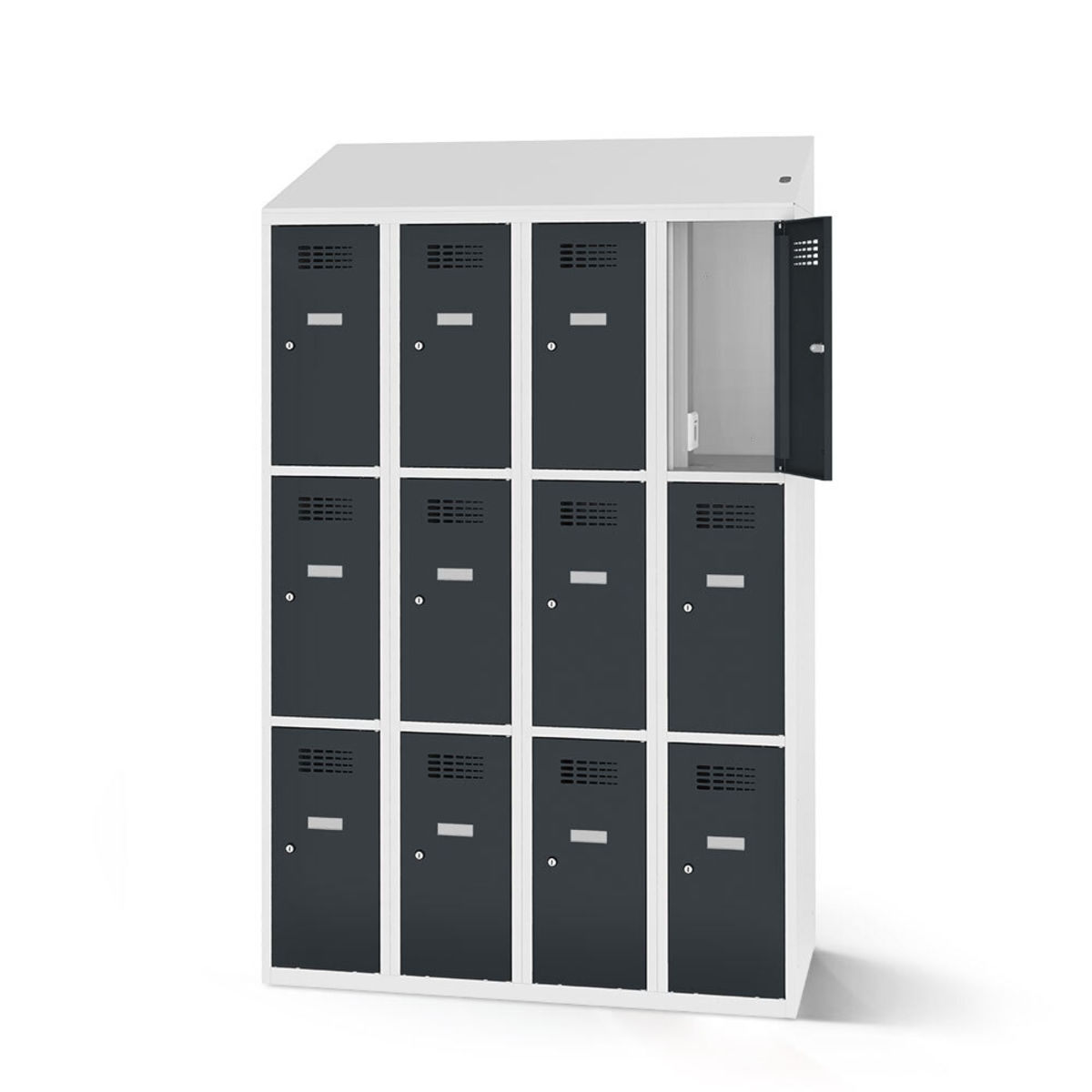 rotstahl Fächerschrank mit Ladefunktion 12 Fächer 4x3 mit lichtgrauem Korpus 120x200 cm (BxH); anthrazit