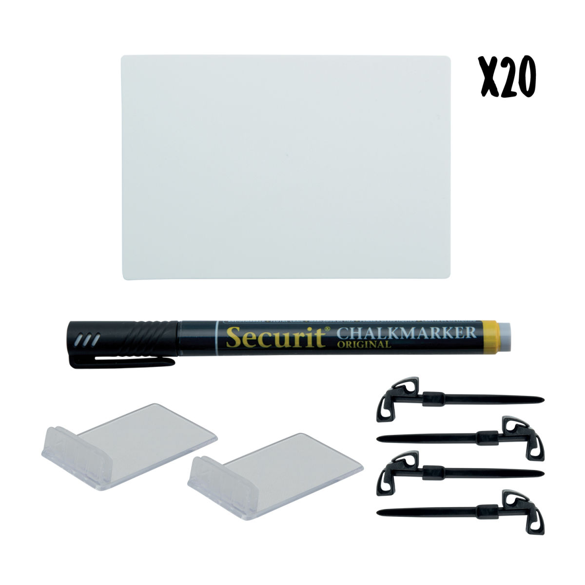 Set di 20 Lavagnette da tavolo Tags A7 - Bianco - Pennarello gesso nero e accessori inclusi Securit; 10.5x7.5 cm (LxH); bianco