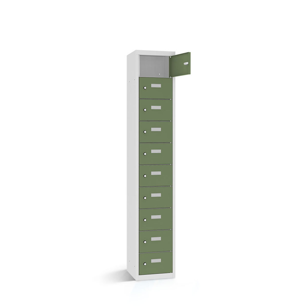 rotstahl Wertfachschrank 10 Fächer mit lichtgrauem Korpus 42.5x30x180 cm (BxTxH); hellgrün