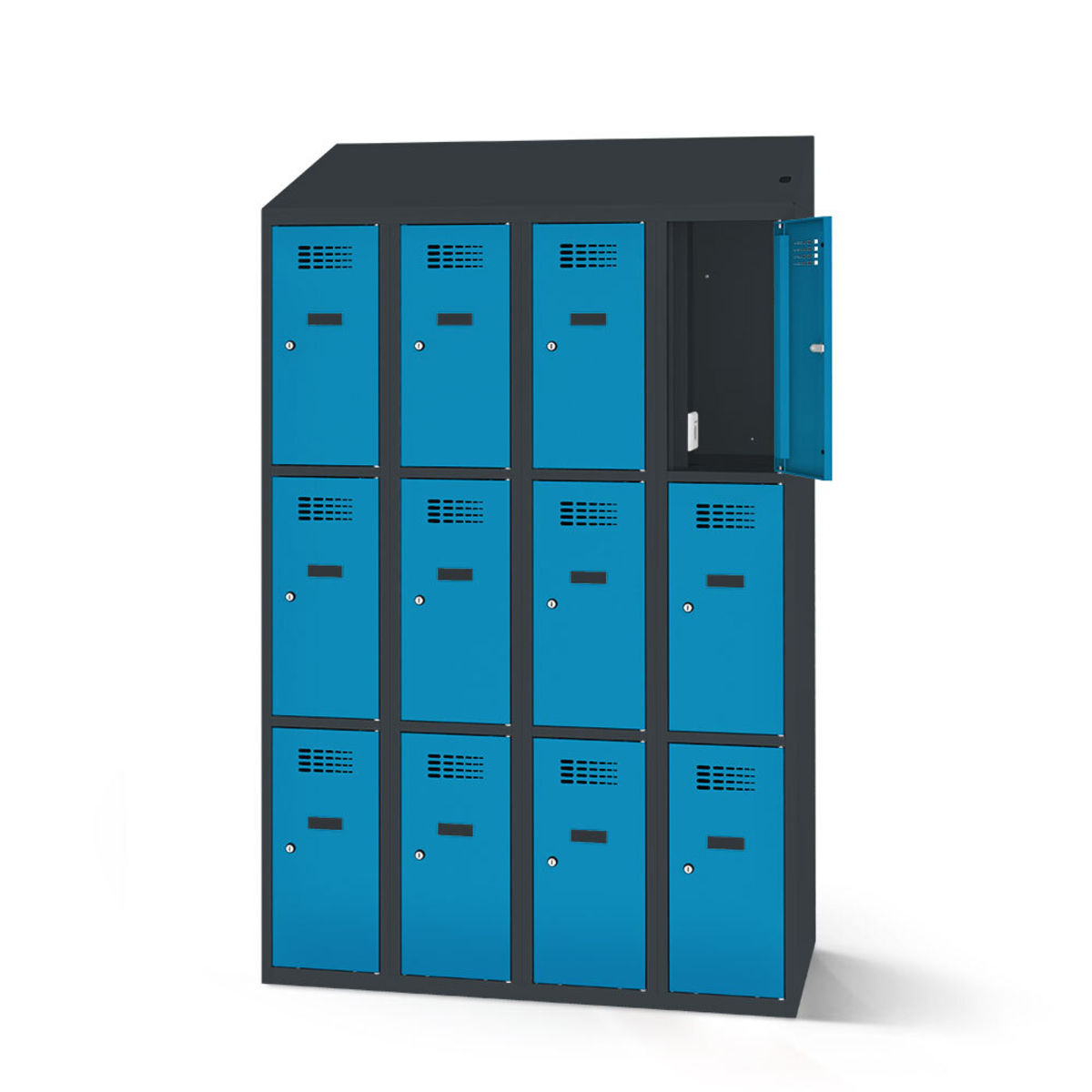 rotstahl Fächerschrank mit Ladefunktion 12 Fächer 4x3 mit anthrazitgrauem Korpus 120x200 cm (BxH); blau