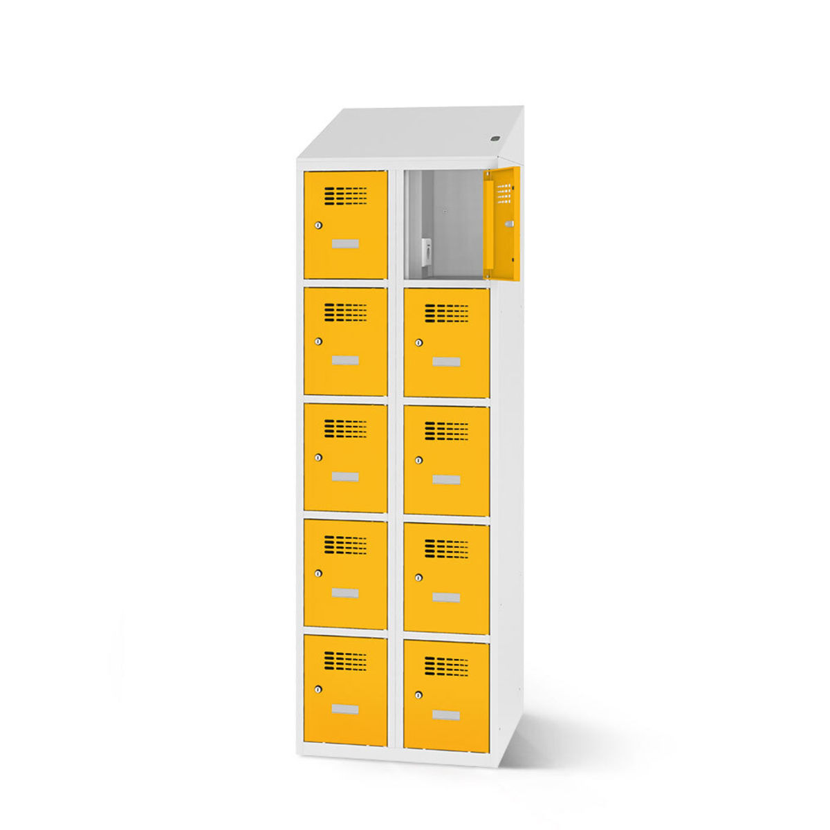 rotstahl Fächerschrank mit Ladefunktion 10 Fächer mit lichtgrauem Korpus 60x200 cm (BxH); gelb