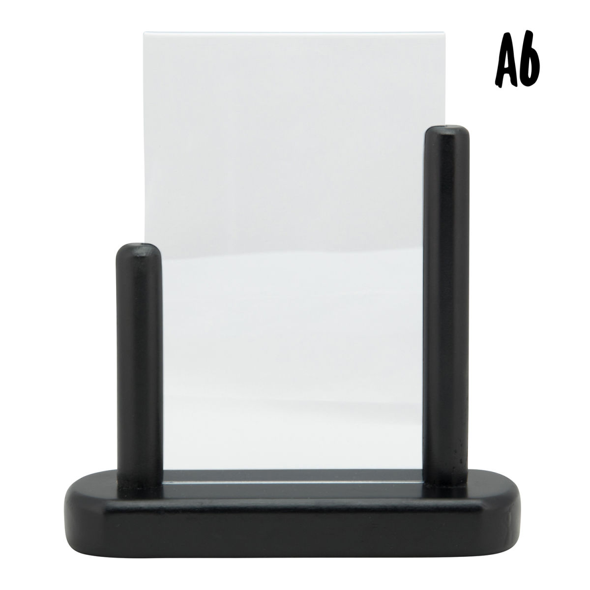 Porta-avvisi trasparente A6 - Verticale - Acrilico - Base in legno di faggio laccato nero - Doppio lato Securit; 5x15x17 cm (LxLxH); nero