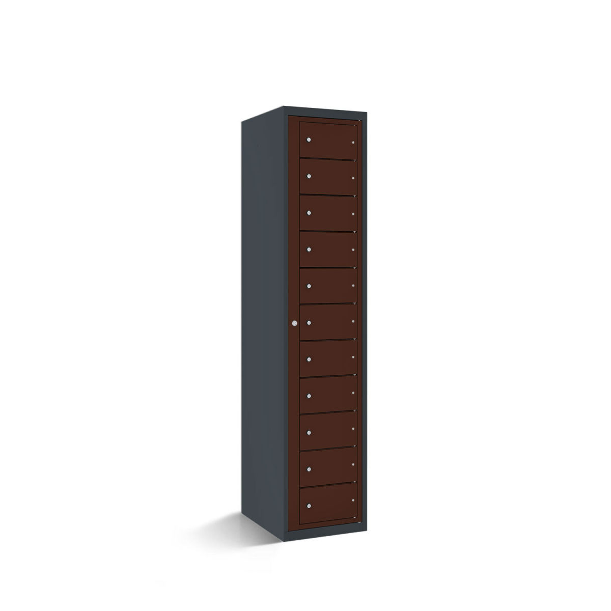 rotstahl Fächerschrank mit Zentraltür 11 Fächer mit anthrazitgrauem Korpus 40x50x180 cm (BxTxH); mahagoni