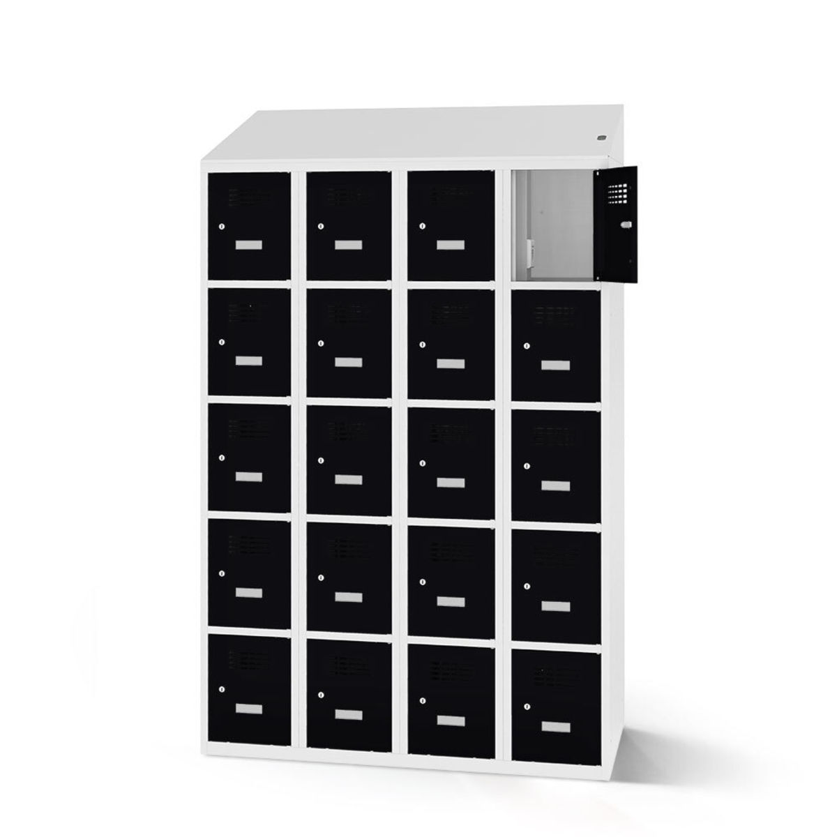rotstahl Fächerschrank mit Ladefunktion 20 Fächer mit lichtgrauem Korpus 120x200 cm (BxH); schwarz