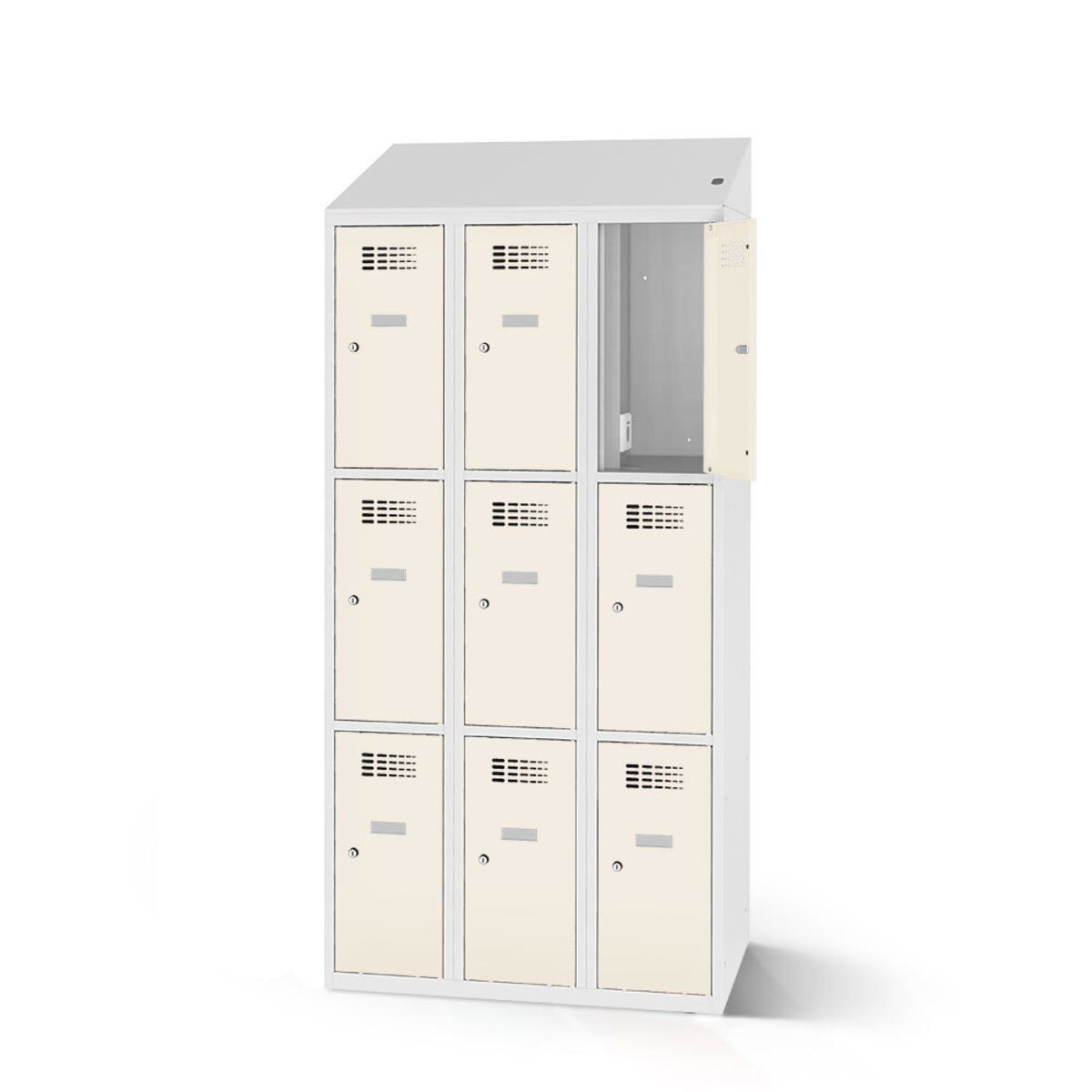 rotstahl Fächerschrank mit Ladefunktion 9 Fächer mit lichtgrauem Korpus 90x200 cm (BxH); weiß