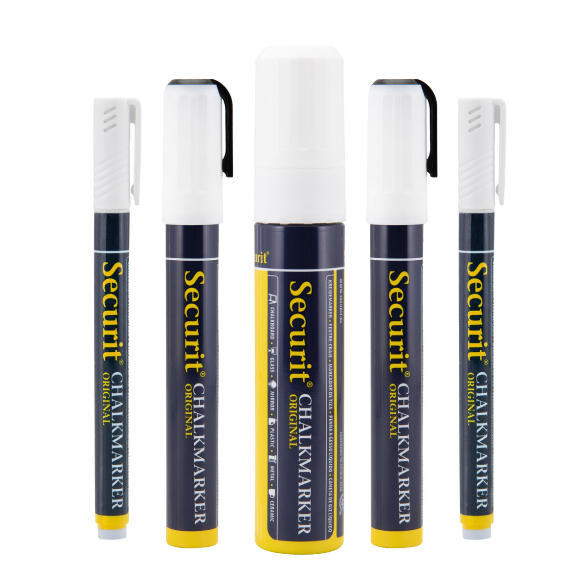 Set da 5 pennarelli a gesso liquido – 1 punta rettangolare 7–15 mm, 2 punte oblique 2–6 mm e 2 punte tonde 1–2 mm Securit; bianco