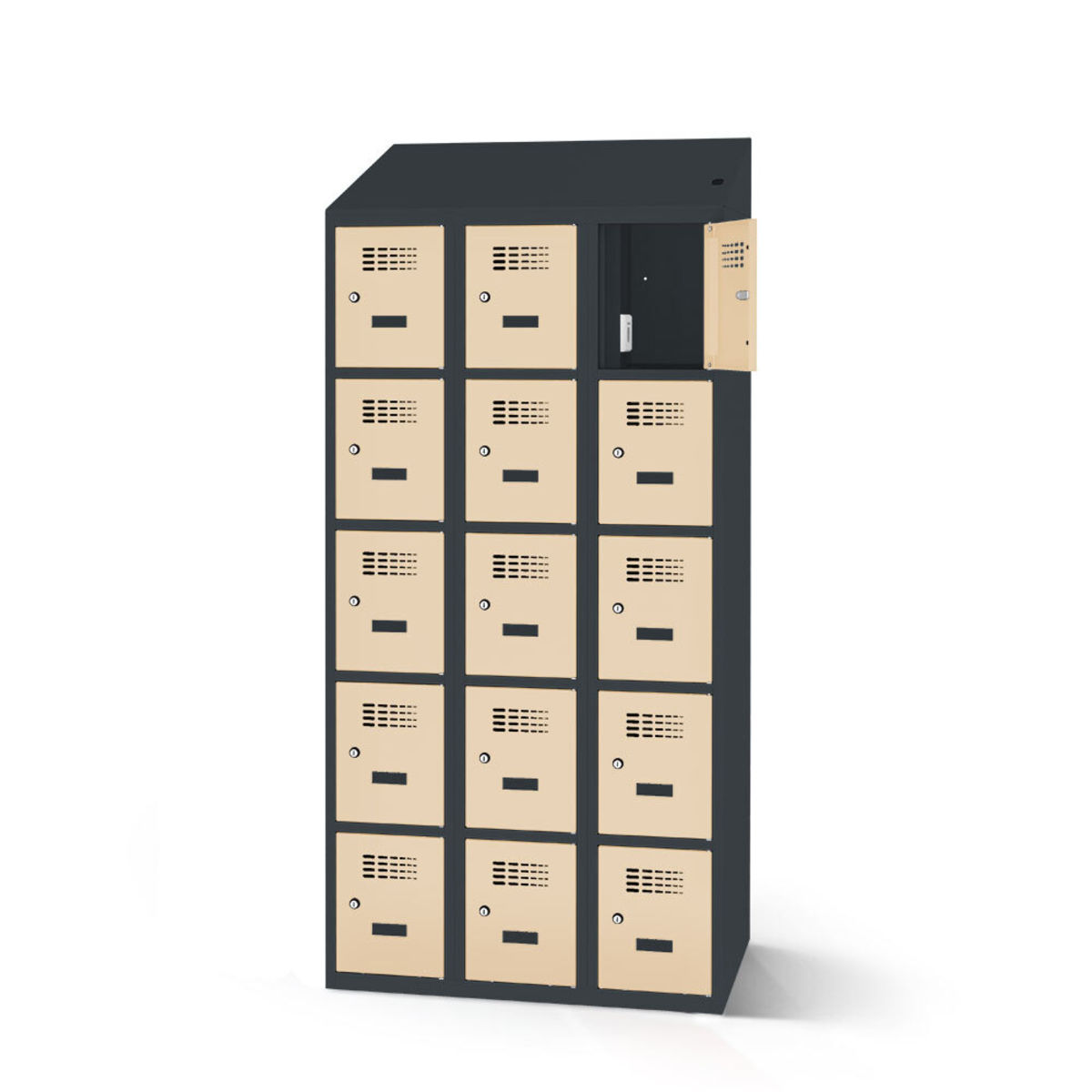 rotstahl Fächerschrank mit Ladefunktion 15 Fächer mit anthrazitgrauem Korpus 90x200 cm (BxH); elfenbein
