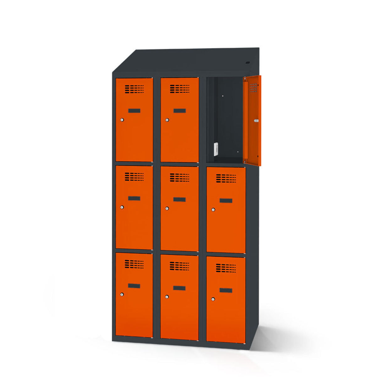 rotstahl Fächerschrank mit Ladefunktion 9 Fächer mit anthrazitgrauem Korpus 90x200 cm (BxH); orange