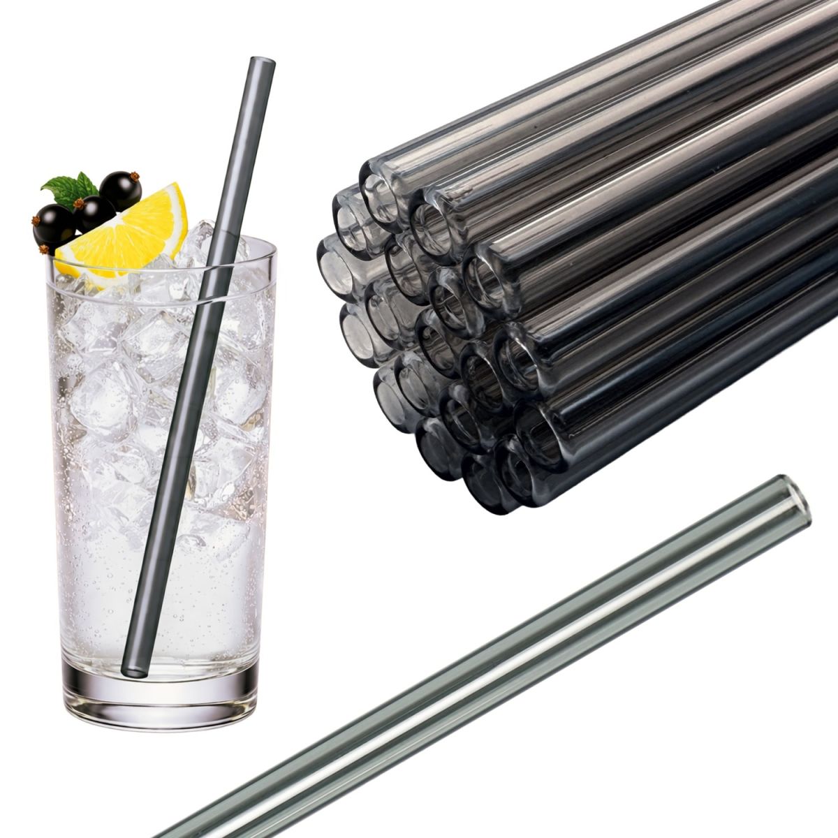 Gastro Pionier 50x Glas Trinkhalme farbig 0.8x20 cm (ØxL); grau; 50 Stück / Pack