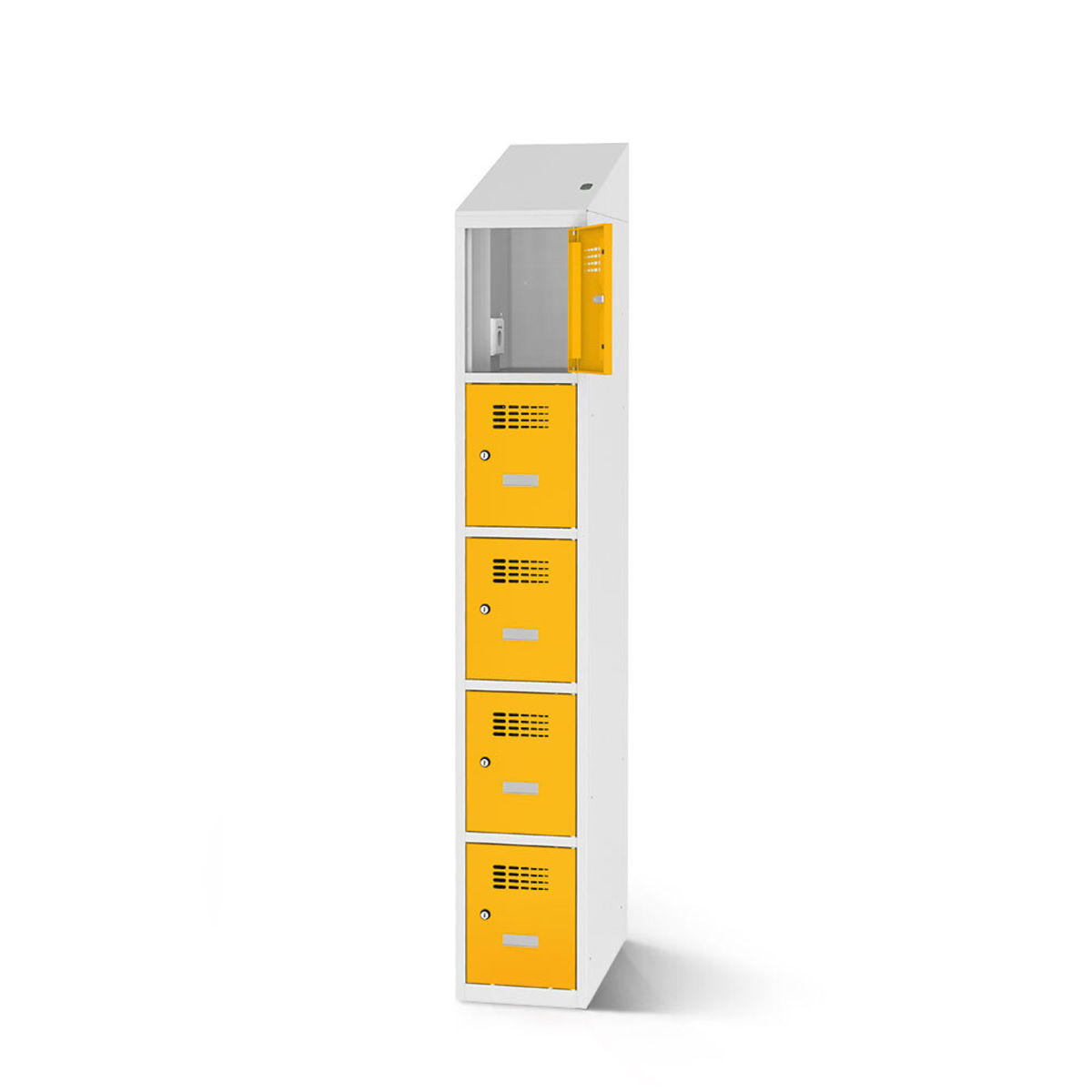 rotstahl Fächerschrank mit Ladefunktion 5 Fächer mit lichtgrauem Korpus 40x200 cm (BxH); gelb