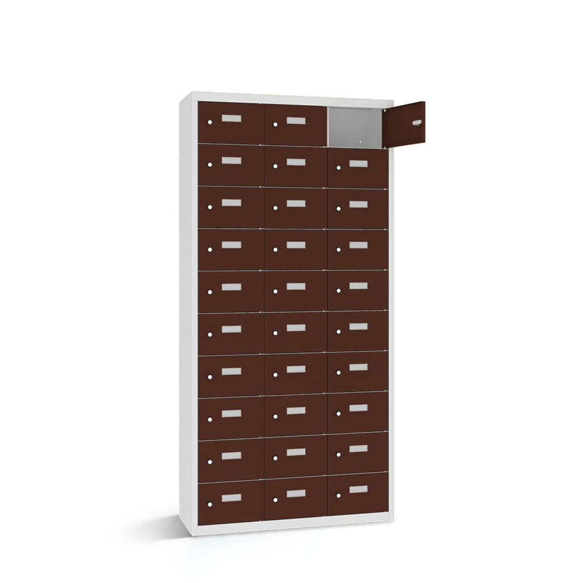 rotstahl Wertfachschrank 30 Fächer mit lichtgrauem Korpus 87.5x30x180 cm (BxTxH); mahagoni