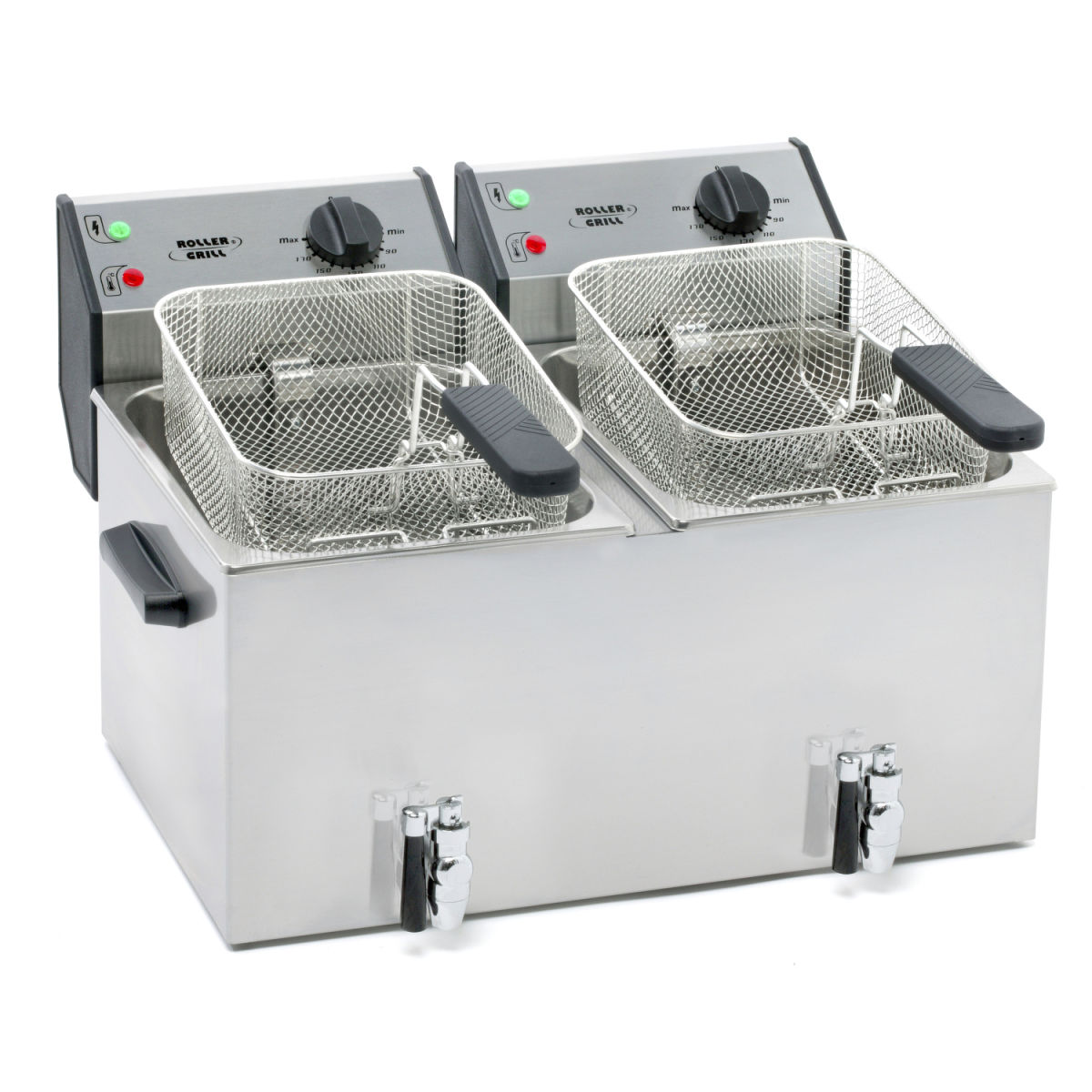 Roller Grill Fritteuse mit zwei Becken, mit Ablasshahn, 2 x 8 Liter 16 l, 59x45x37 cm (BxTxH); silber