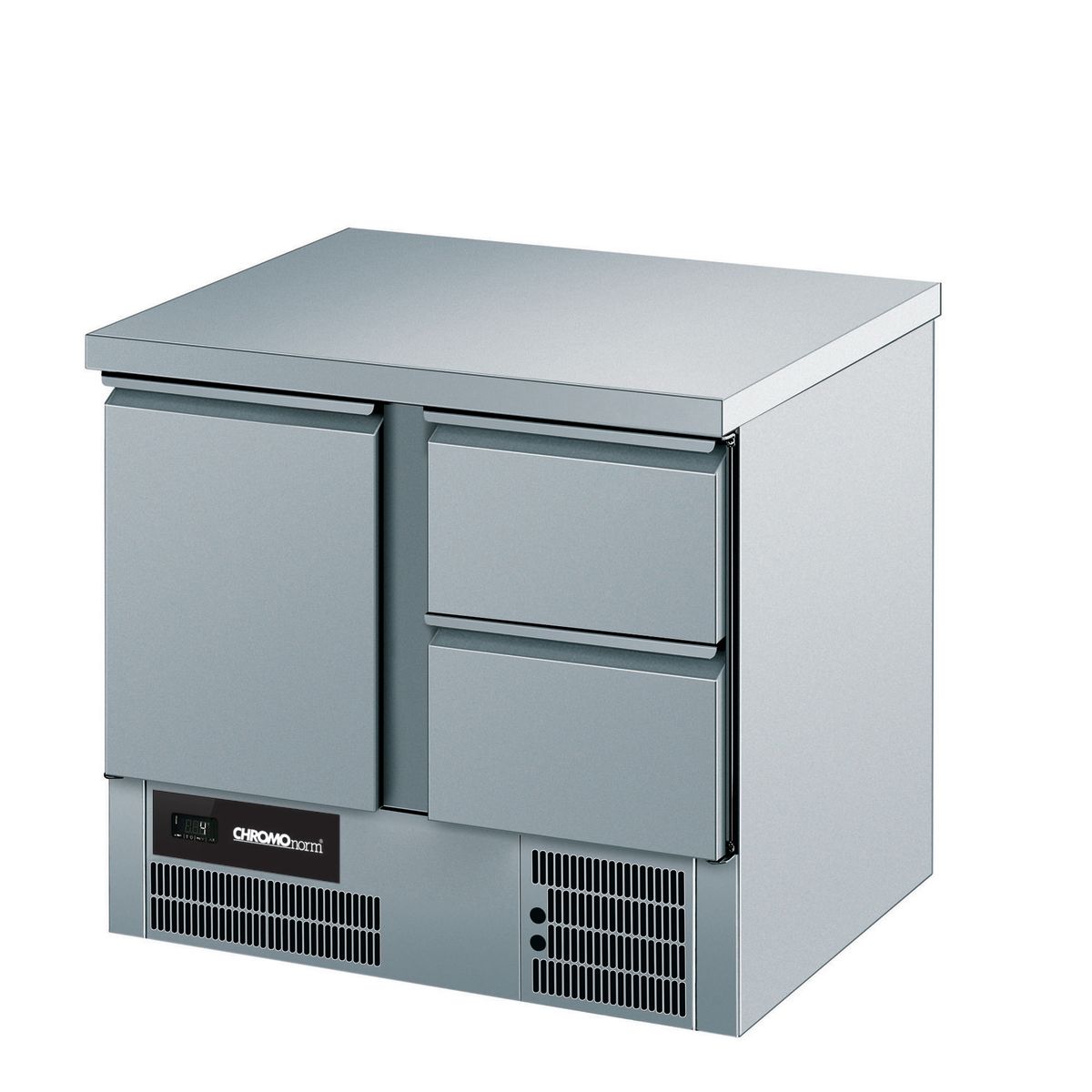 CHROMOnorm Kühltisch BR 795, GN 1/1, 1 Tür, 2 Züge 1/2, mit Tischplatte Allseits Ab 111 ml, 95x85x70 cm (BxHxT); grau