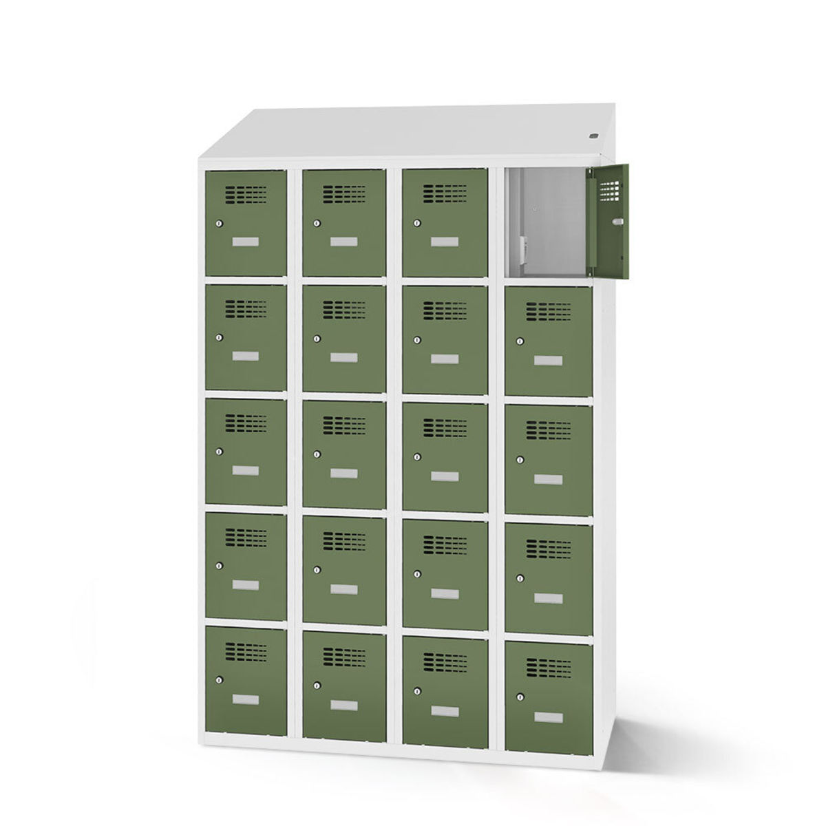 rotstahl Fächerschrank mit Ladefunktion 20 Fächer mit lichtgrauem Korpus 120x200 cm (BxH); hellgrün